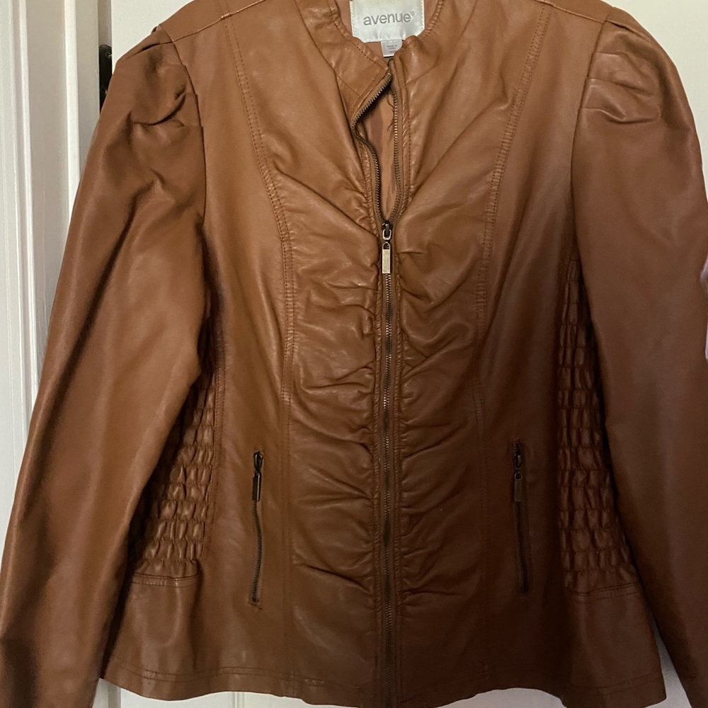 Avenue tan faux leather jacket with patterned sides